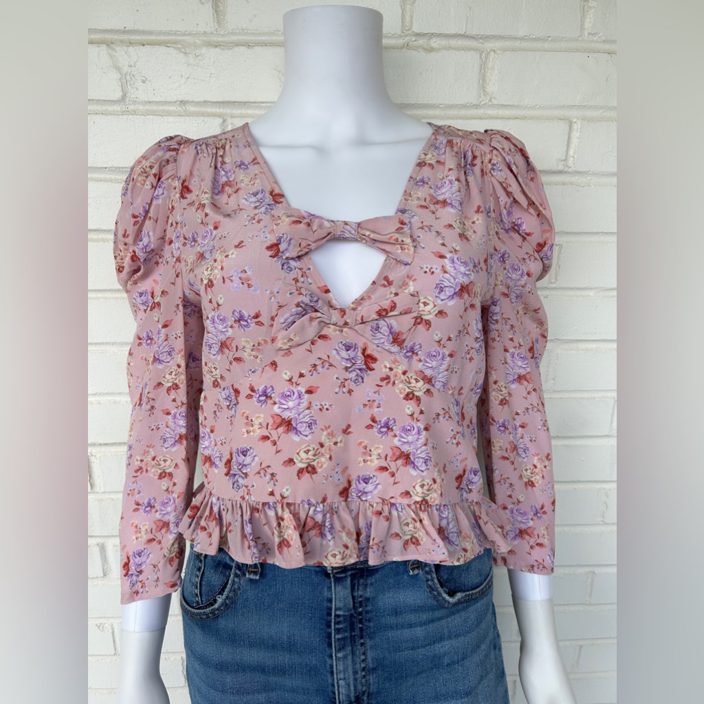 Loveshackfancy Louis Blouse Pink Floral 100% Silk Ruffle Bows Size 4 New